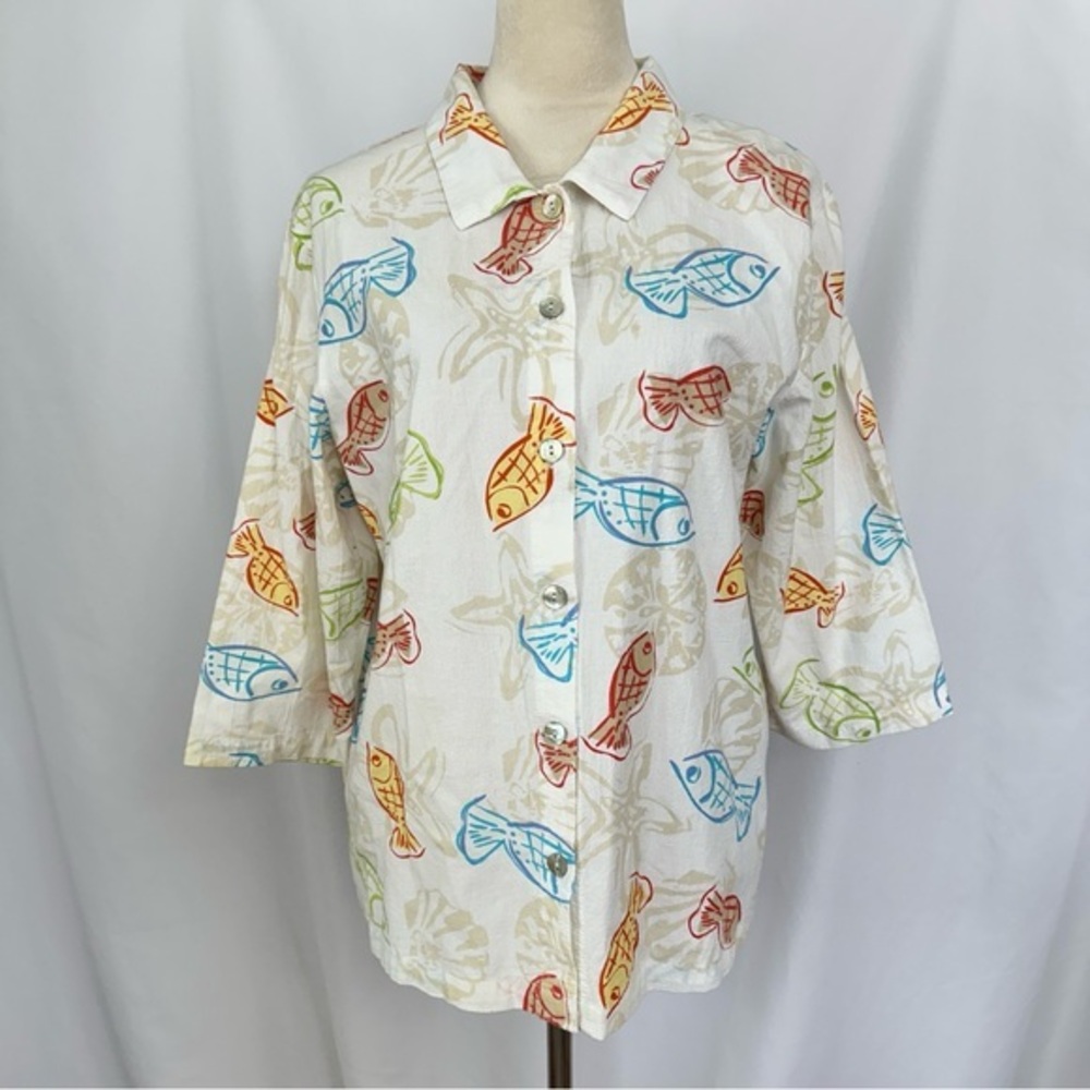 Lulu-B Top Blouse‎ Womens Large Button Up 3/4 Sleeves Starfish Fish Print White